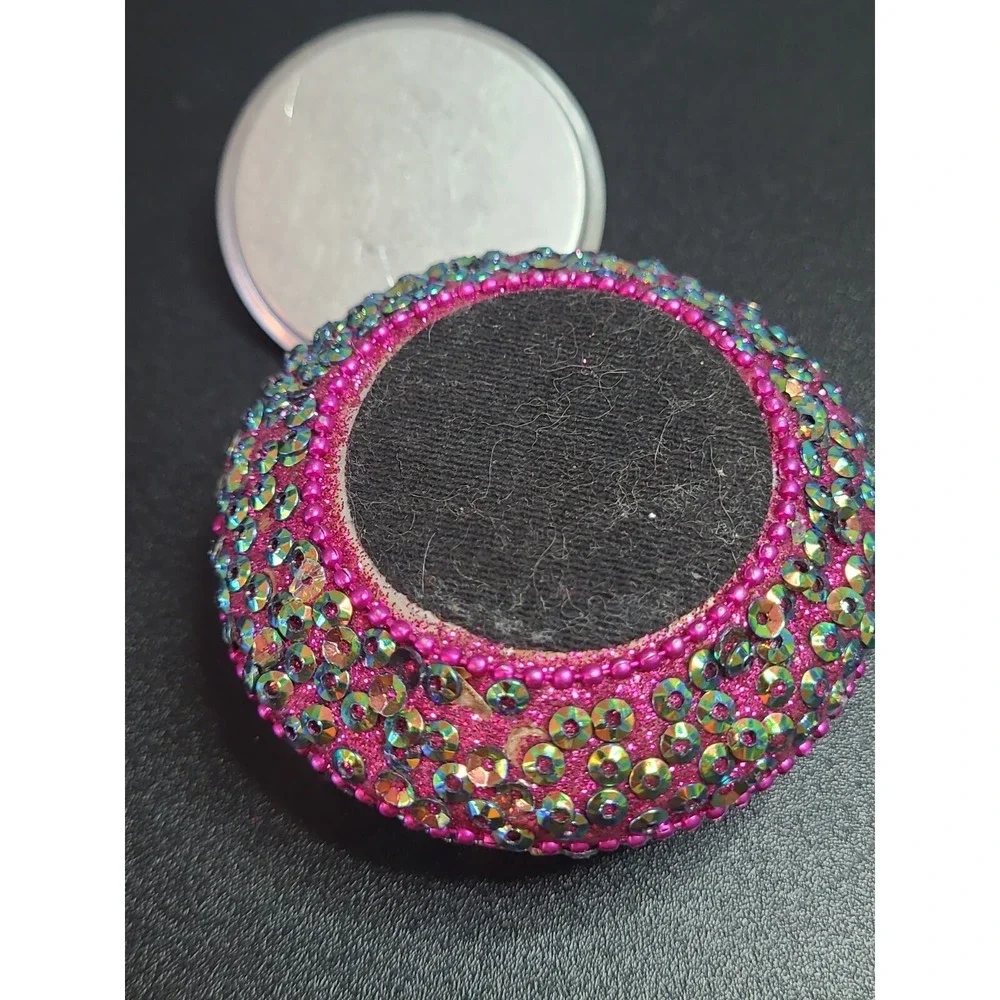 Vintage Fuchsia Round Ornate Jeweled Trinket Jewelry Box Glitter Inlay Sparkle